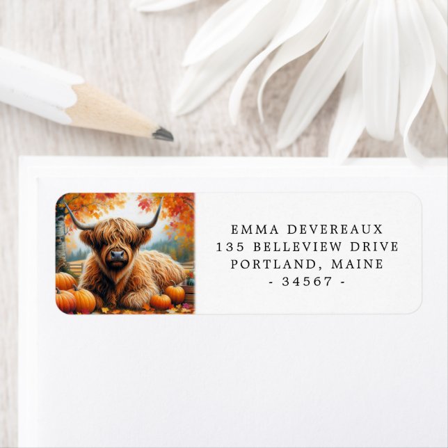 Highland Cow Autumn Pumpkins Return Address Return Address Label (Insitu)
