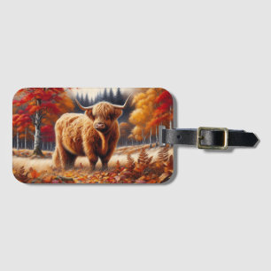 Highland Cow Autumn Watercolor Luggage Tag