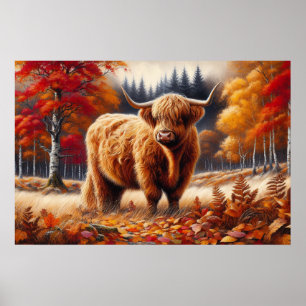 Highland Cow Autumn Watercolor Poster