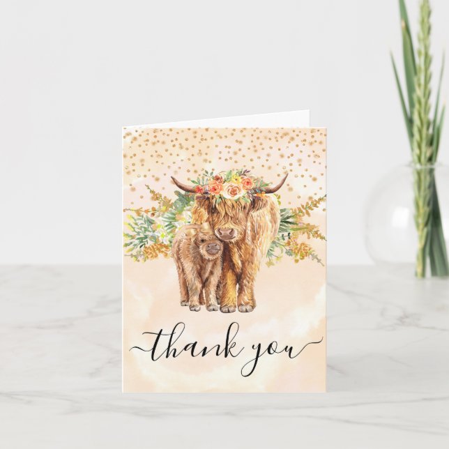 Highland Cow Baby Shower Thank you Peach  Card (Front)