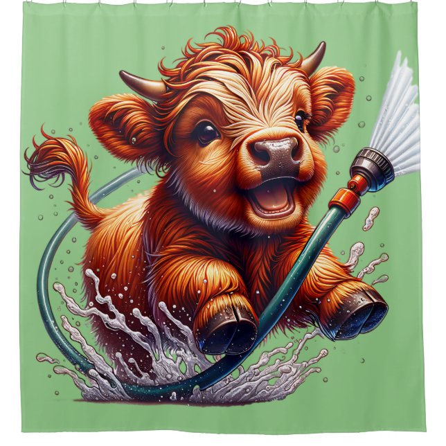 "Highland Cow Bath Time" Shower Curtain (Front)