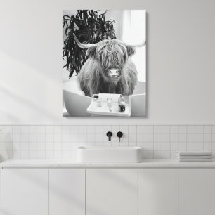 Highland cow Bathtub Black White Bathroom Canvas Print