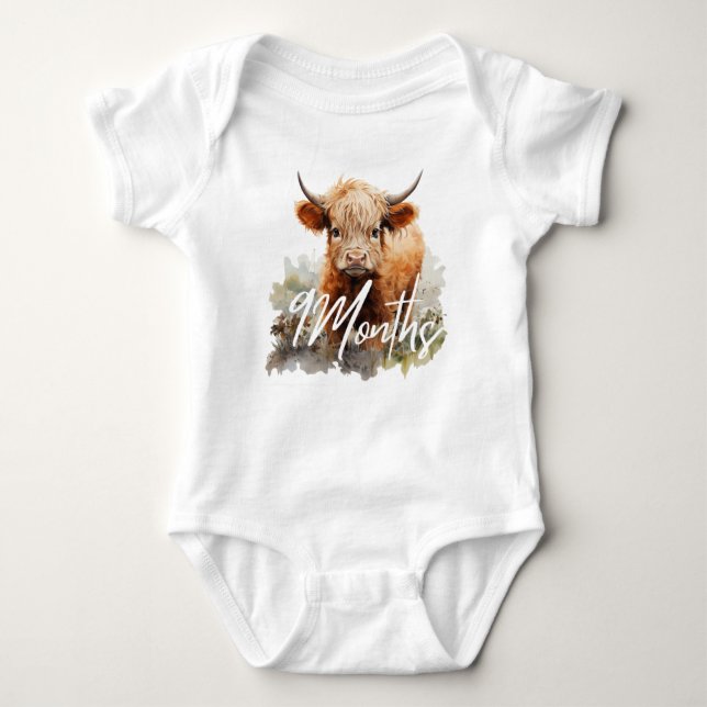 Highland Cow Birthday Milestone 9 Months Baby  Baby Bodysuit (Front)