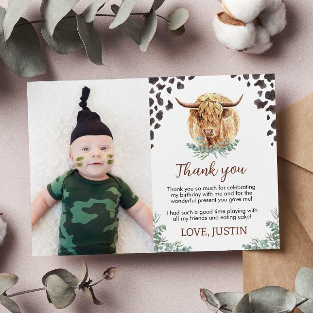 Highland Cow Birthday Photo Thank You Card (Creator Uploaded)