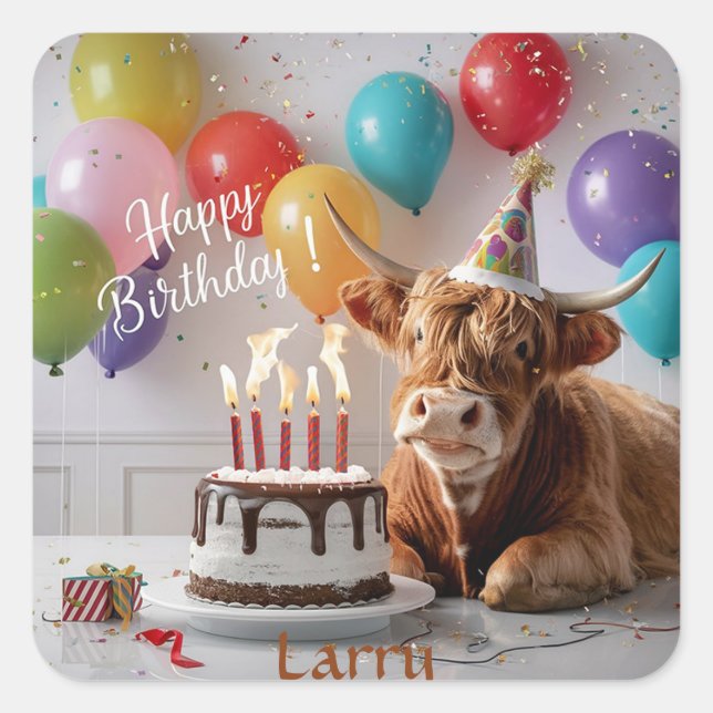 Highland Cow Birthday Square Sticker (Front)