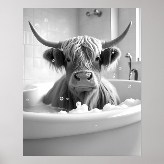 Highland Cow Black and White Bathroom Picture Poster (Front)