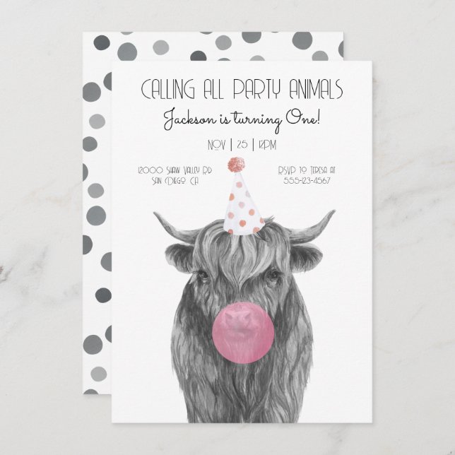 Highland Cow black and white Birthday Party Invitation (Front/Back)