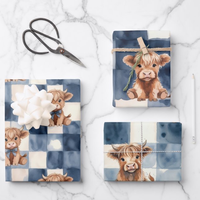 Highland Cow Blue Checkered Watercolor Cute Wrapping Paper Sheet (Front)