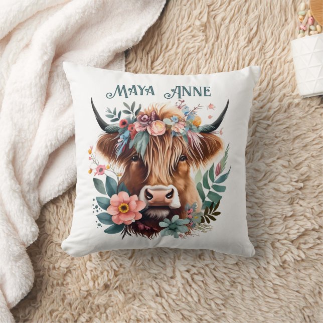 Highland Cow Boho Floral Watercolor Cushion (Blanket)