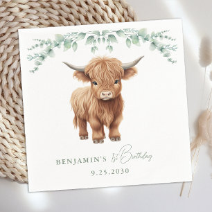 Highland Cow Boho Greenery Farm Animal Birthday Napkin