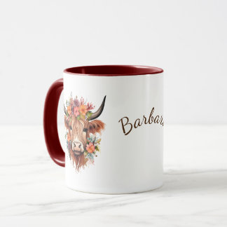 Highland Cow Boho | Name with Flowers Design Mug
