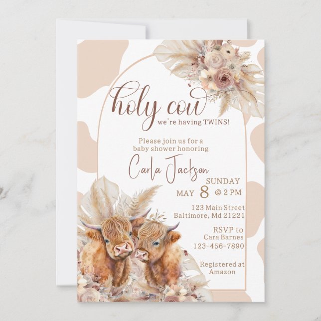  highland cow boho pampas grass twins baby shower invitation (Front)