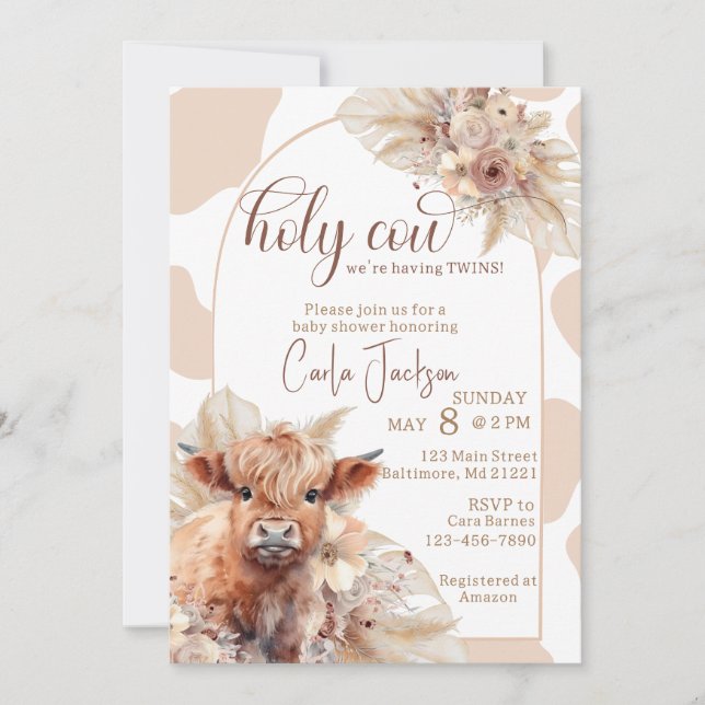  highland cow boho pampas grass twins baby shower invitation (Front)