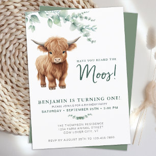 Highland Cow BohoGreenery Farm Animal 1st Birthday Invitation