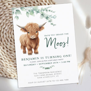 Highland Cow BohoGreenery Farm Animal 1st Birthday Invitation Postcard