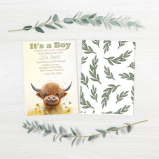 Highland cow, boy baby shower invitation