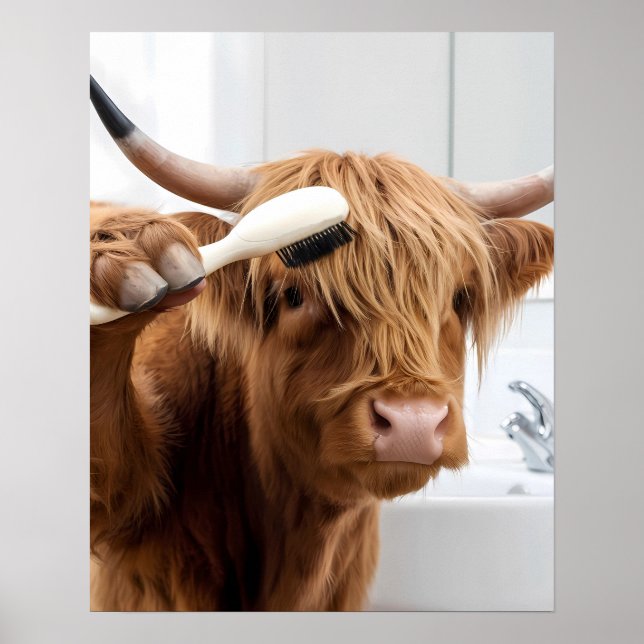  Highland Cow Brushing Hair Getting Ready Bathroom Poster (Front)