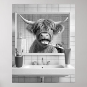 Highland Cow Brushing Teeth Dental Humour Bathroo Poster
