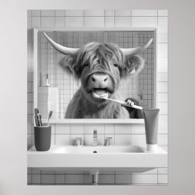  Highland Cow Brushing Teeth Dental Humour Bathroo Poster (Front)