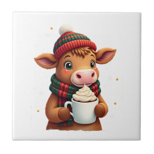 Highland Cow Brushstroke Christmas T-Shirt (4) Ceramic Tile