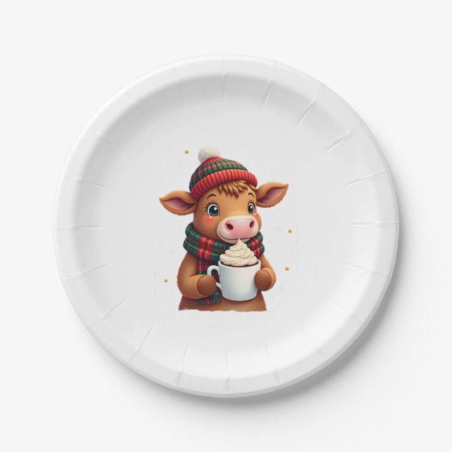 Highland Cow Brushstroke Christmas T-Shirt (4) Paper Plate (Front)