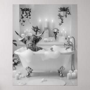 Highland Cow Bubble Bath Bathroom Black and White Poster