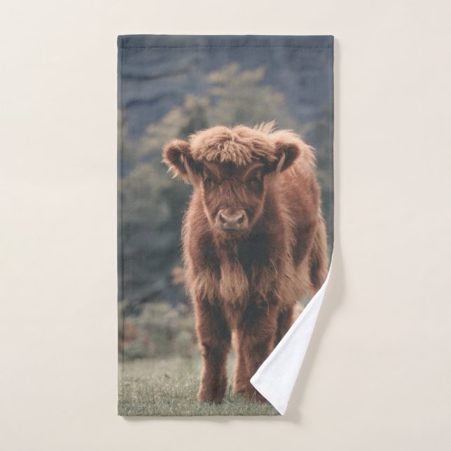 Highland cow calf autumn grass field bath towel set (Hand Towel)