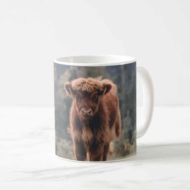 Highland cow calf autumn grass field coffee mug (Front Right)