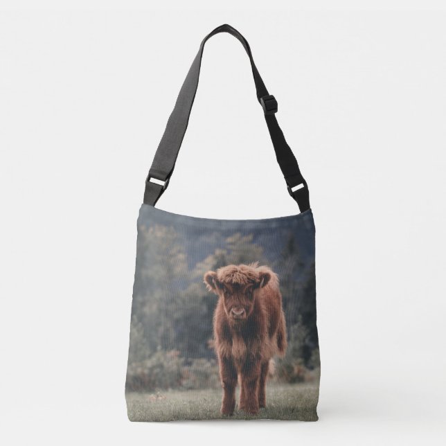 Highland cow calf autumn grass field crossbody bag (Front)