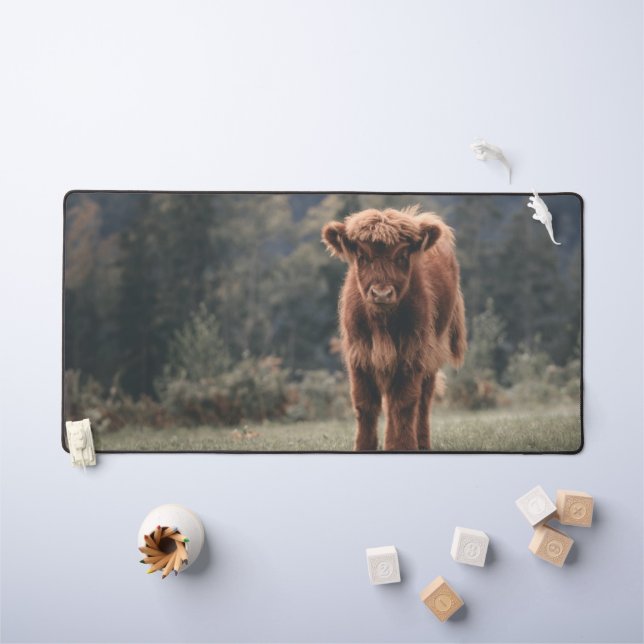 Highland cow calf autumn grass field desk mat (Kids Table)