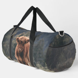 Highland cow calf autumn grass field duffle bag