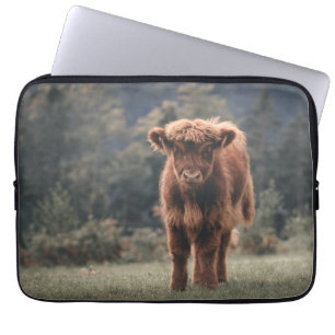 Highland cow calf autumn grass field laptop sleeve