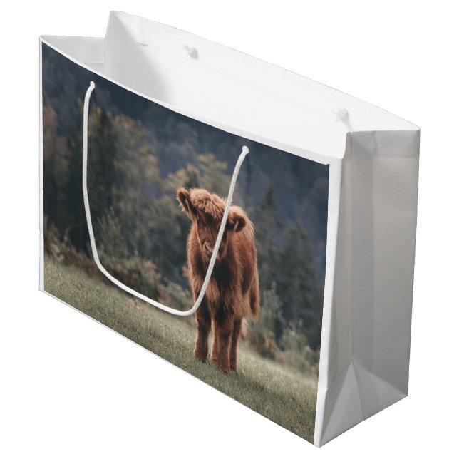 Highland cow calf autumn grass field large gift bag (Front Angled)