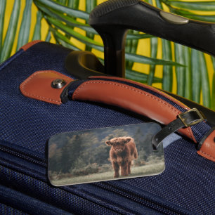 Highland cow calf autumn grass field luggage tag