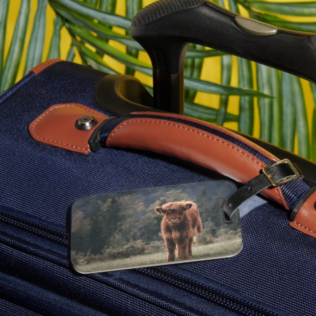 Highland cow calf autumn grass field luggage tag (Front Insitu 3)