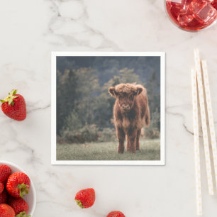 Highland cow calf autumn grass field napkin