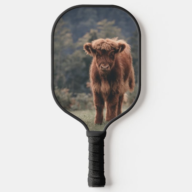 Highland cow calf autumn grass field pickleball paddle (Front)