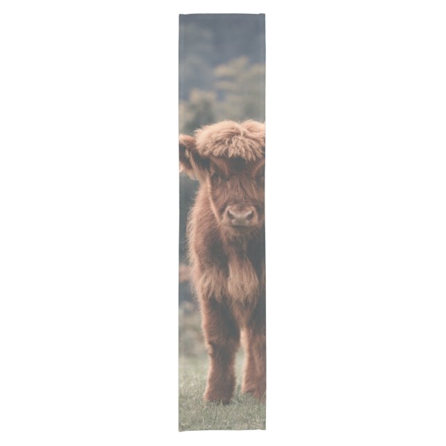 Highland cow calf autumn grass field short table runner (Front)