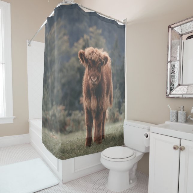 Highland cow calf autumn grass field shower curtain (In Situ)