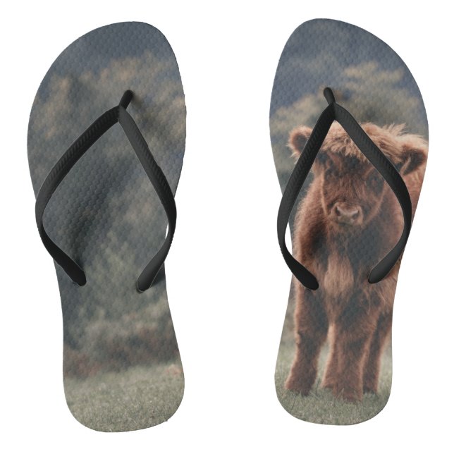 Highland cow calf autumn grass field thongs (Footbed)