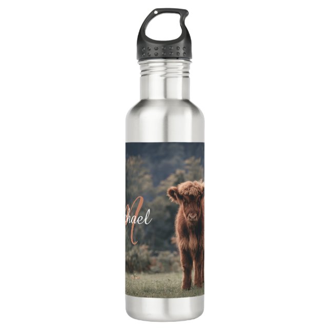 Highland cow calf autumn grass monogram initial 710 ml water bottle (Front)