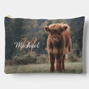 Highland cow calf autumn grass monogram initial accessory pouch