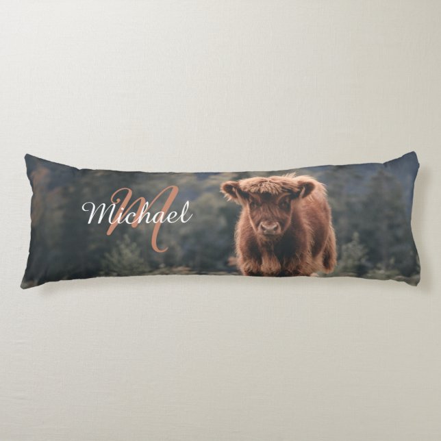 Highland cow calf autumn grass monogram initial body cushion (Front)