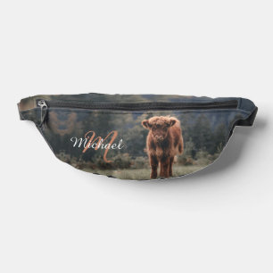 Highland cow calf autumn grass monogram initial bum bags