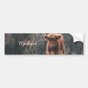 Highland cow calf autumn grass monogram initial bumper sticker