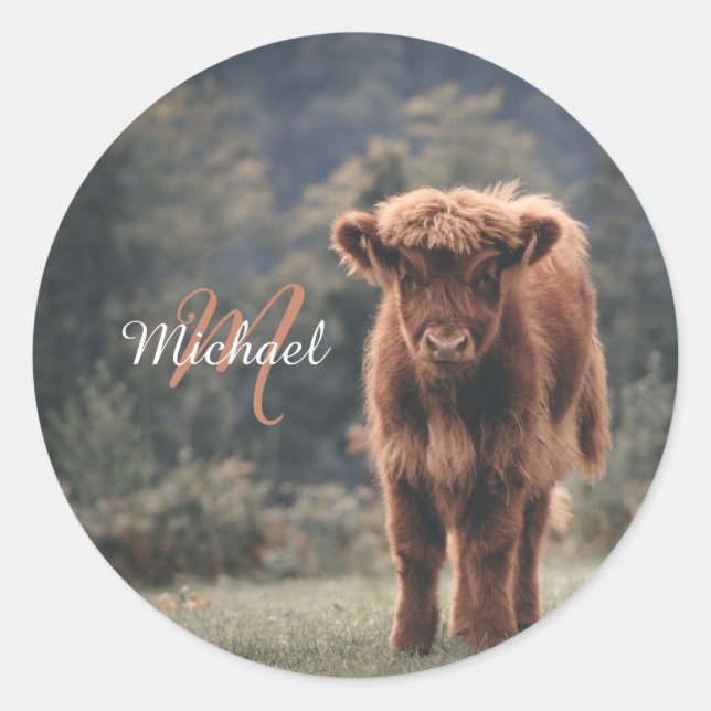 Highland cow calf autumn grass monogram initial classic round sticker (Front)