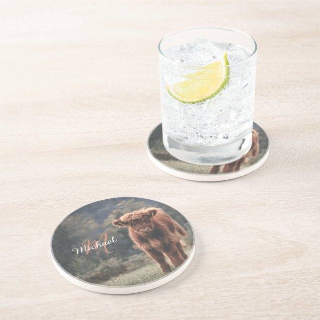 Highland cow calf autumn grass monogram initial coaster (Side)