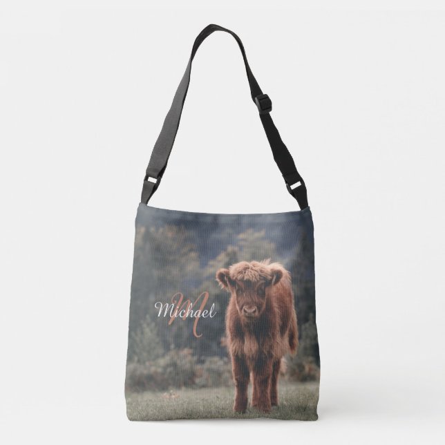 Highland cow calf autumn grass monogram initial crossbody bag (Back)