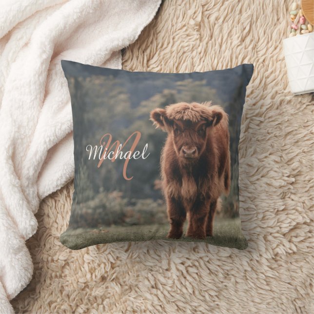 Highland cow calf autumn grass monogram initial cushion (Blanket)