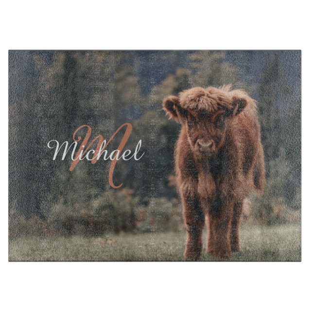 Highland cow calf autumn grass monogram initial cutting board (Front)